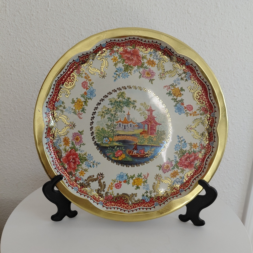 1970s Daher Decorated Ware Tin Serving Tray Asian Scene Inspired Made in England